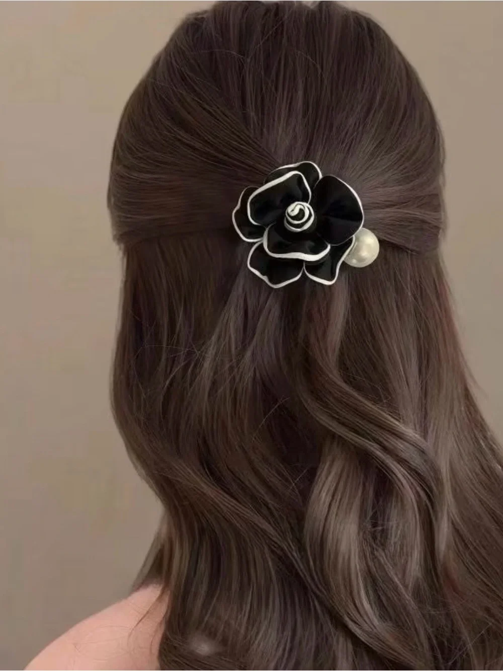 Camellia White -Trim Ivory Satin  Flower Hair Clip With Faux Pearl Embellishment